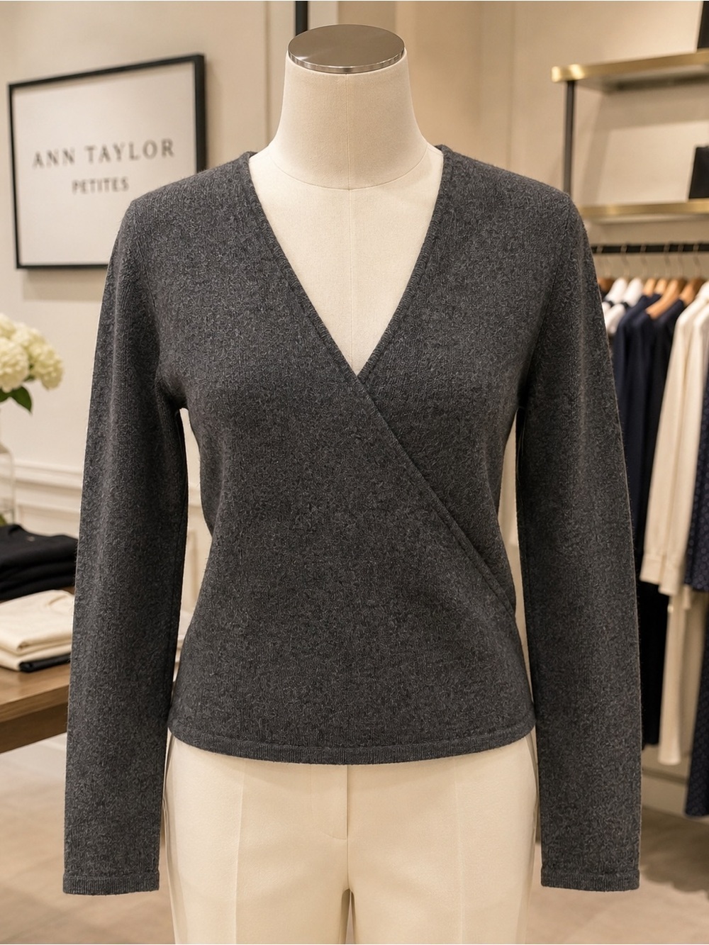 Ann Taylor Petites Large Gray Wool Blend Wrap Sweater Long Sleeve Soft Knit Top